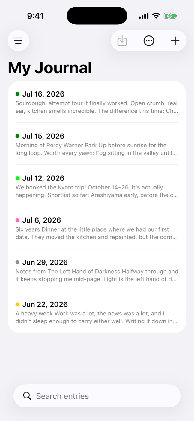 JournalBear on iPhone showing a list of journal entries with dates and mood indicators